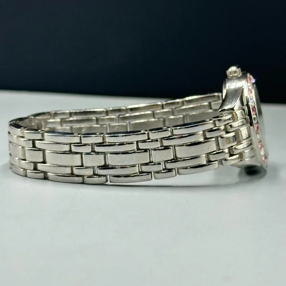 M. Z. Berger Watch Women Silver Tone Pink White Crystal Bezel New Battery
